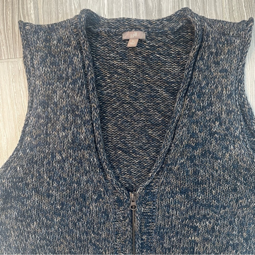 J. Jill Chunky Knit Sweater Vest XL | Full Zip Rolled V-Neck Navy Tan Cotton - Picture 2 of 6